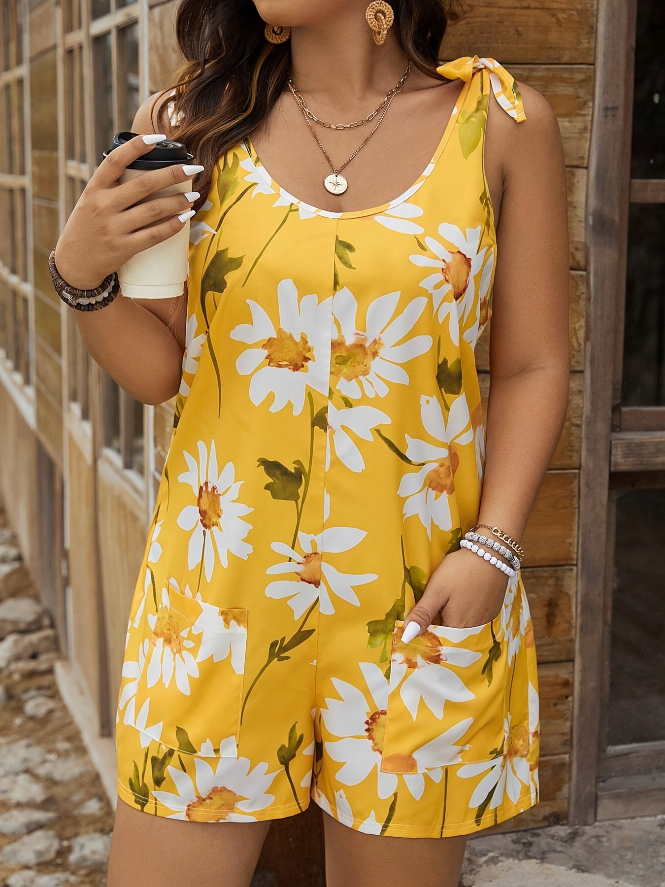 Women's Floral Print Sleeveless Jumpsuit with Pockets for Summer Vacation