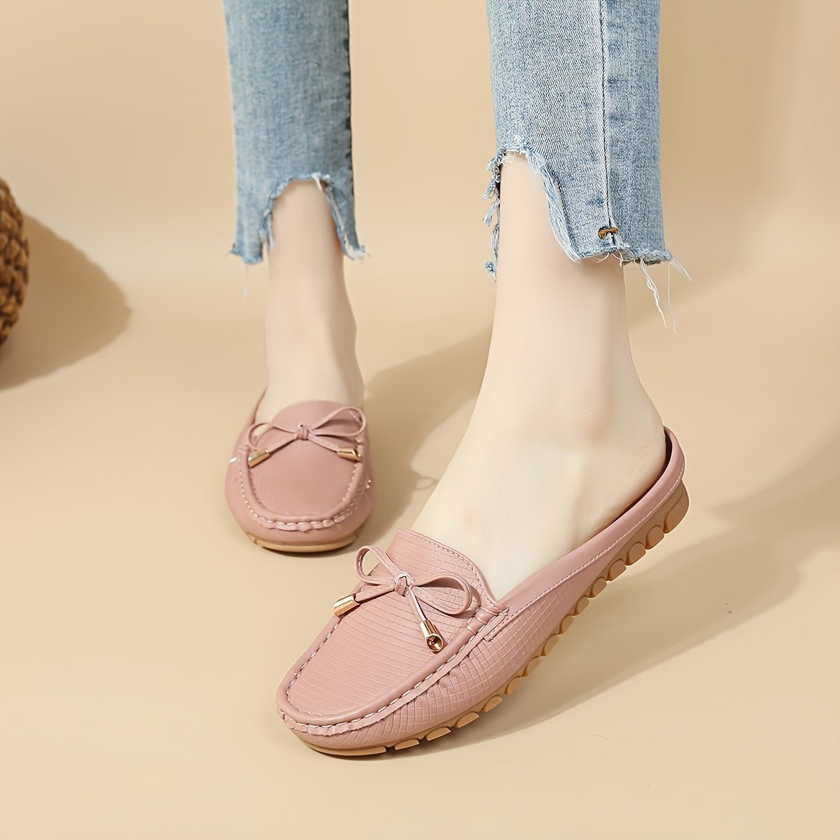 Women's Summer Slip-On Shoes with Bow Cap Toe Flat Heel