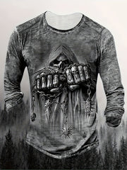 Men's Long Sleeve Polyester Gothic "Game Over" Knuckle Print Crew Neck T-Shirt