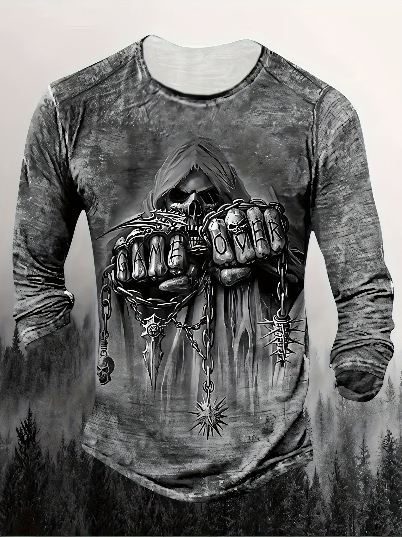 Men's Long Sleeve Polyester Gothic "Game Over" Knuckle Print Crew Neck T-Shirt