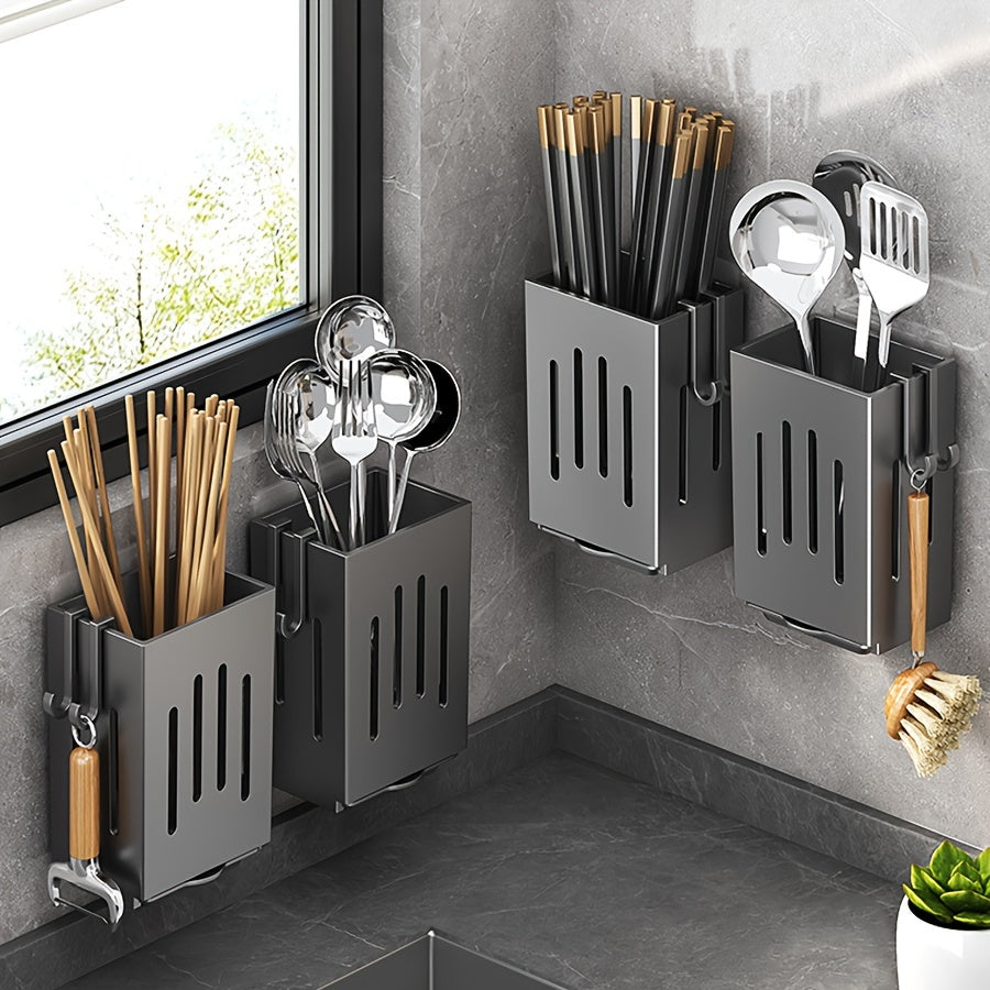 Wall-Mounted Plastic Utensil Holder with Drain Tray for Kitchen Storage