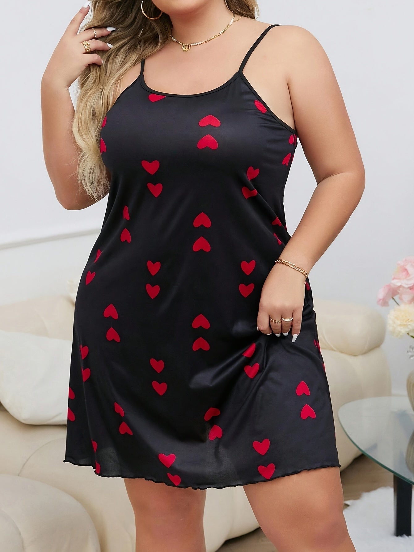 Women's Plus Size Nightgown Soft Black Heart Print Sleeveless Sleep Dress