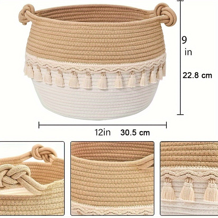 Bohemian Tassel Woven Storage Basket for Kids Nursery Toy and Laundry Hamper 30cm x 23cm