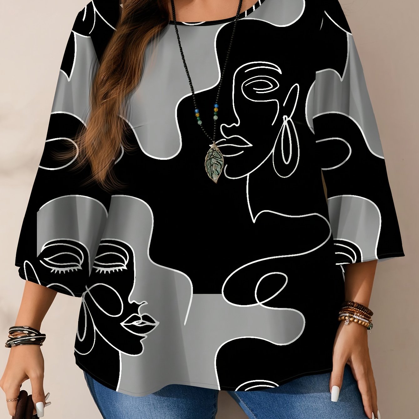 Plus Size Women's Abstract Face Pattern Short Sleeve Blouse Lightweight Summer Wear