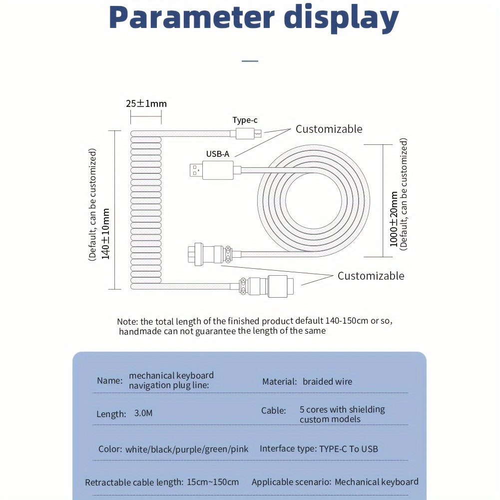3m Type-C Coil Kabeli USB mexanik klaviatura uchun aviatsiya ulanishi bilan