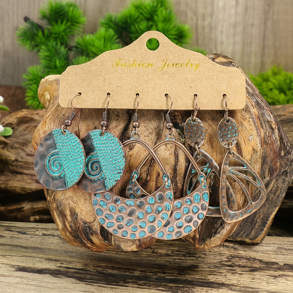 Men's Retro Distressed Geometric Round Dangle Earrings Set of 12 Holiday Party Jewelry