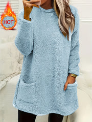 Women's Teddy Fleece Crew Neck Sweatshirt with Long Sleeves and Pocket for Fall Winter