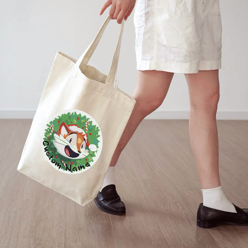 Custom Canvas Tote Bag with Santa Claus and Reindeer Design, Reusable Shoulder Bag for Shopping and Beach