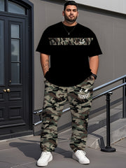 Men's Plus-Size Camouflage Activewear Set Short-Sleeve Top and Long Pants Polyester Stretch Outdoor Sports