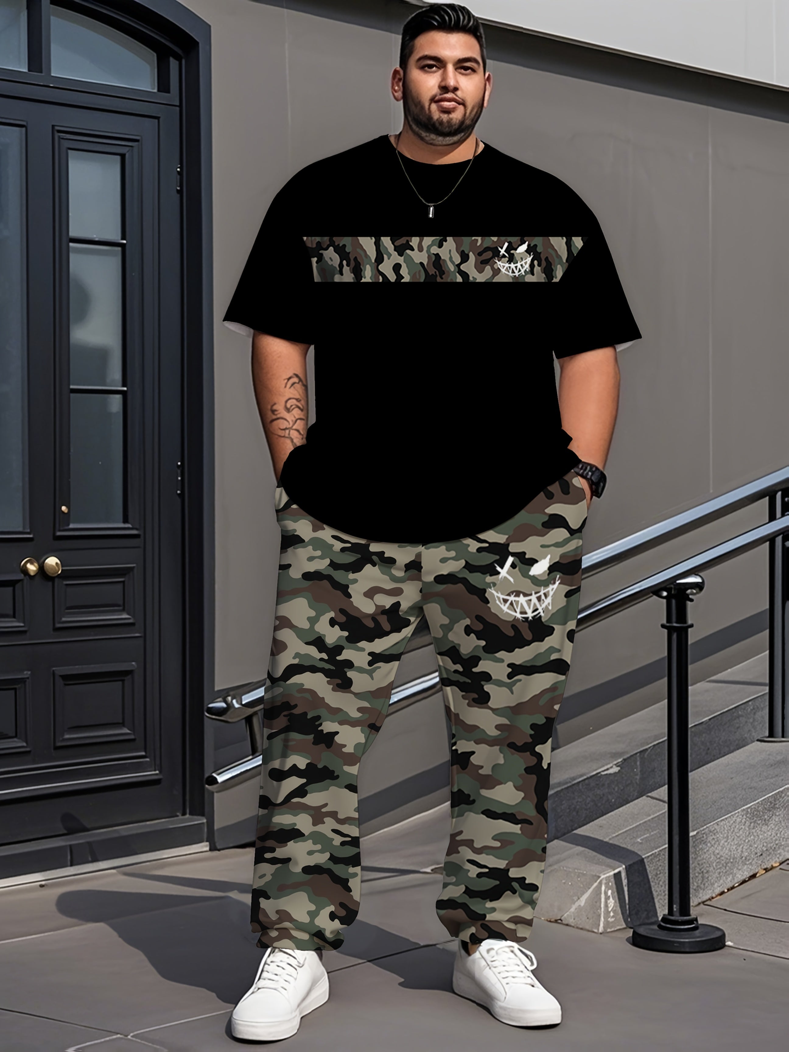 Men's Plus-Size Camouflage Activewear Set Short-Sleeve Top and Long Pants Polyester Stretch Outdoor Sports