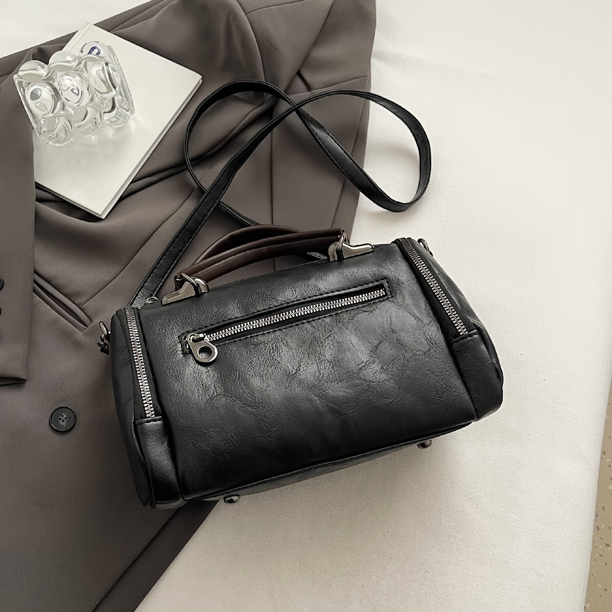 Vintage Crossbody Bag for Women PU Solid Color Casual Shoulder Handbag with Wallet