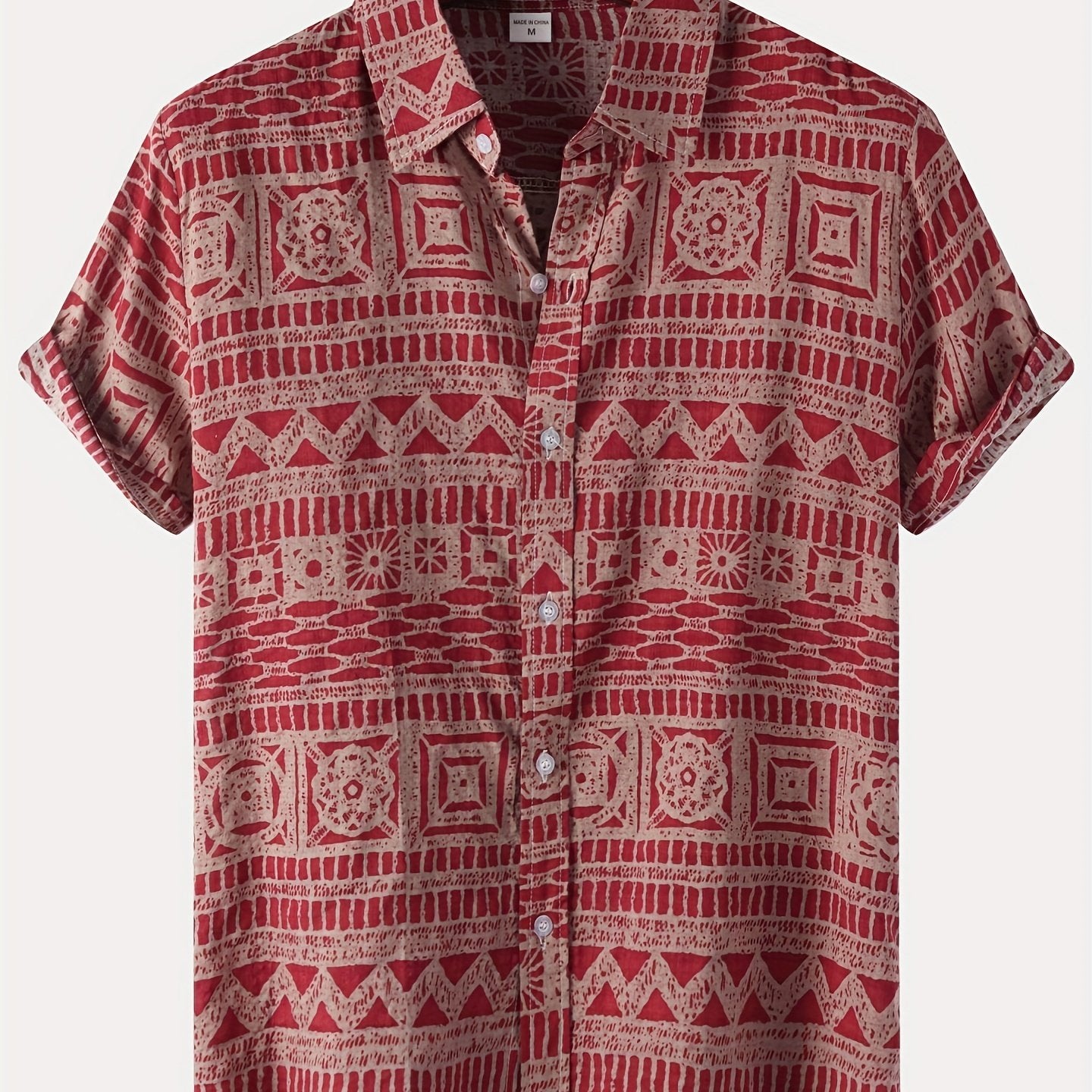 Men's Cotton Blend Short Sleeve Button-Up Shirt with Geometric Print for Summer