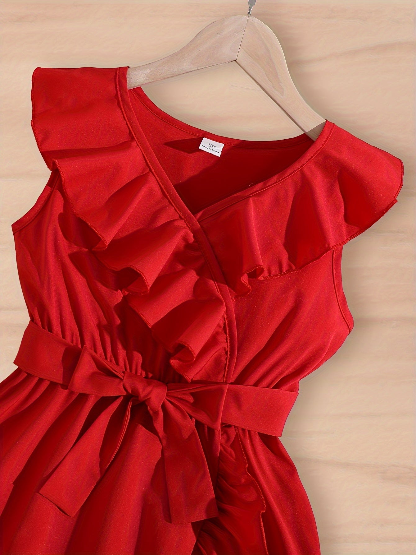 Children's Summer Dress Sleeveless Ruffle Trim Belted Solid Polyester Casual