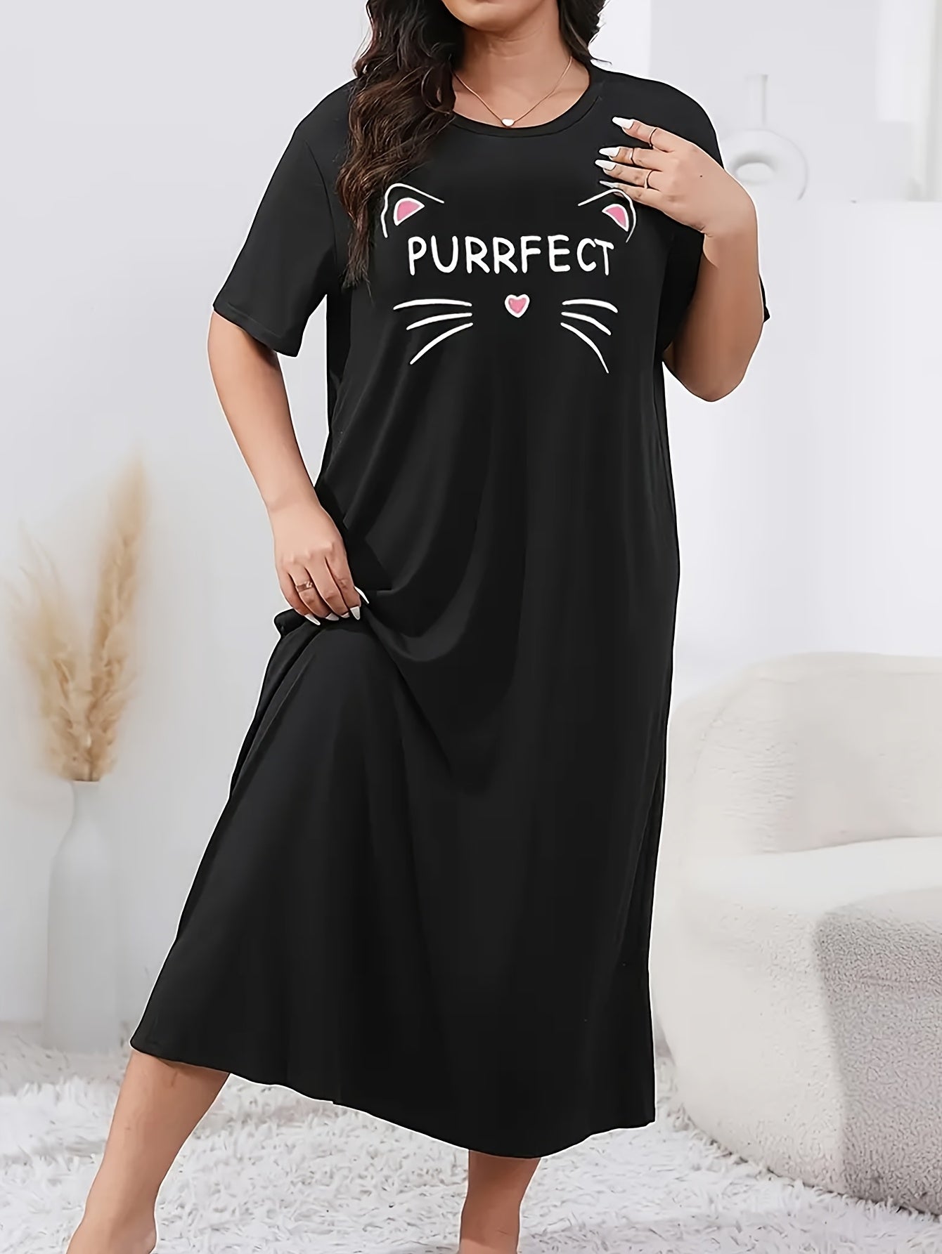 Plus Size Women's Long Sleeve Sleep Dress Cozy Grey Nightgown All-Season Lounge
