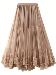 Women's High-Waisted Mesh Flared Skirt with Slimming Effect and Flowy Design