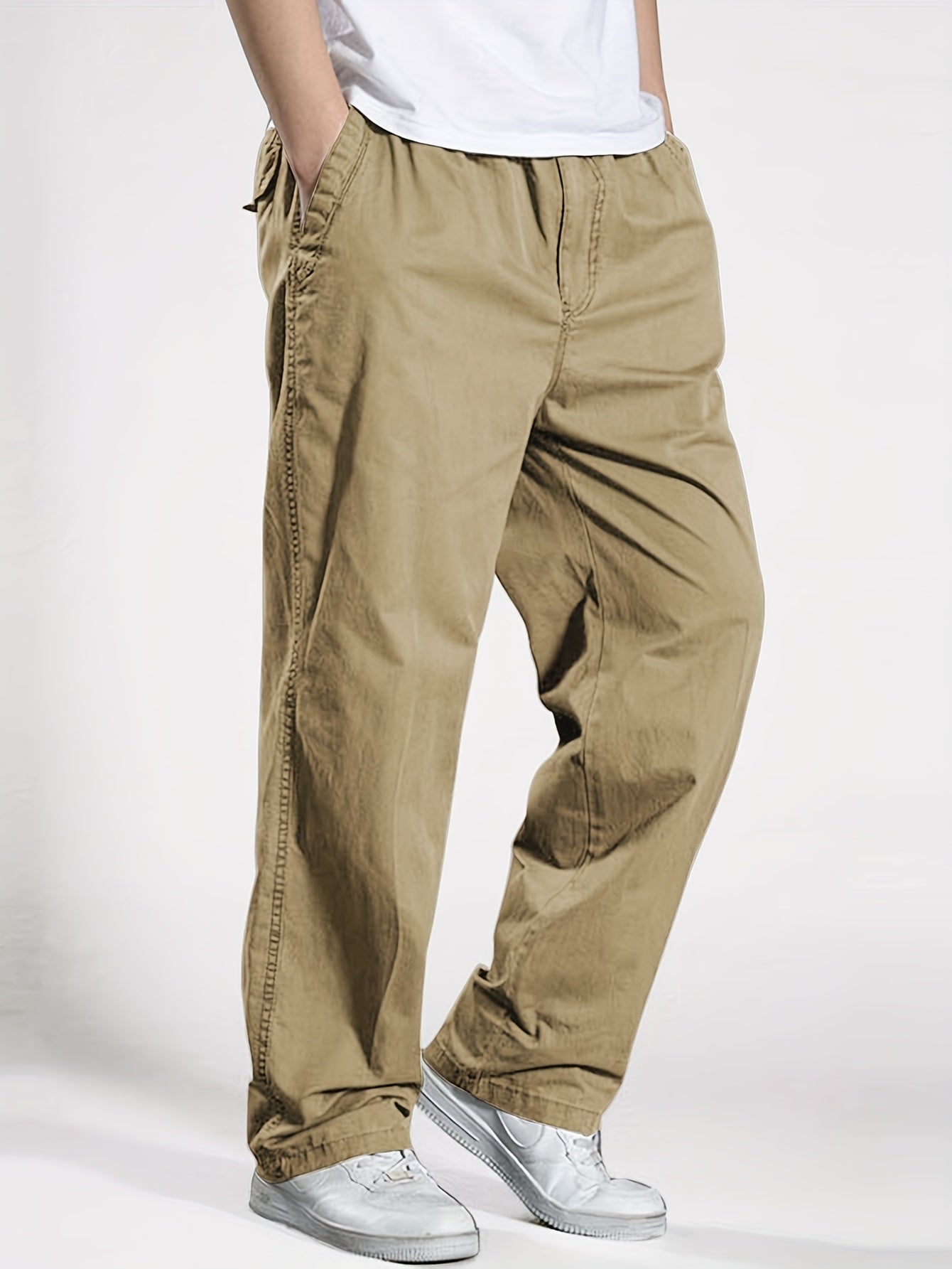 Men's Cotton Cargo Pants Elastic Drawstring Waist Solid Color Casual Spring Fall
