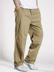 Men's Cotton Cargo Pants Elastic Drawstring Waist Solid Color Casual Spring Fall