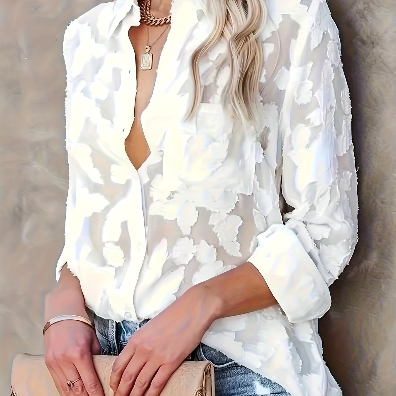 Women's Semi-Sheer White Long Sleeve Blouse Plus Size Casual Formal