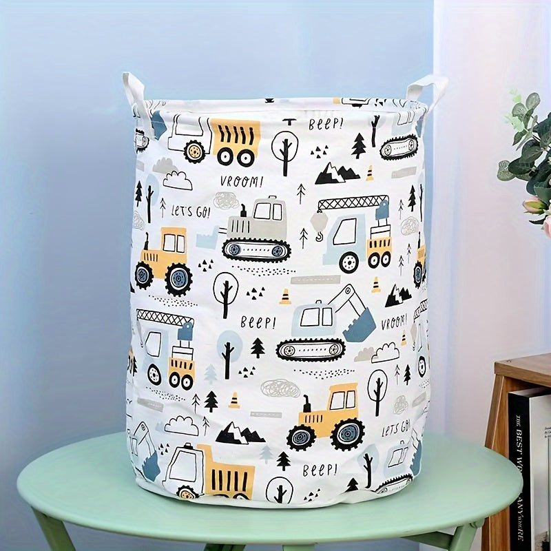 Portable Canvas Laundry Basket with Cartoon Print for Clothes and Toy Storage