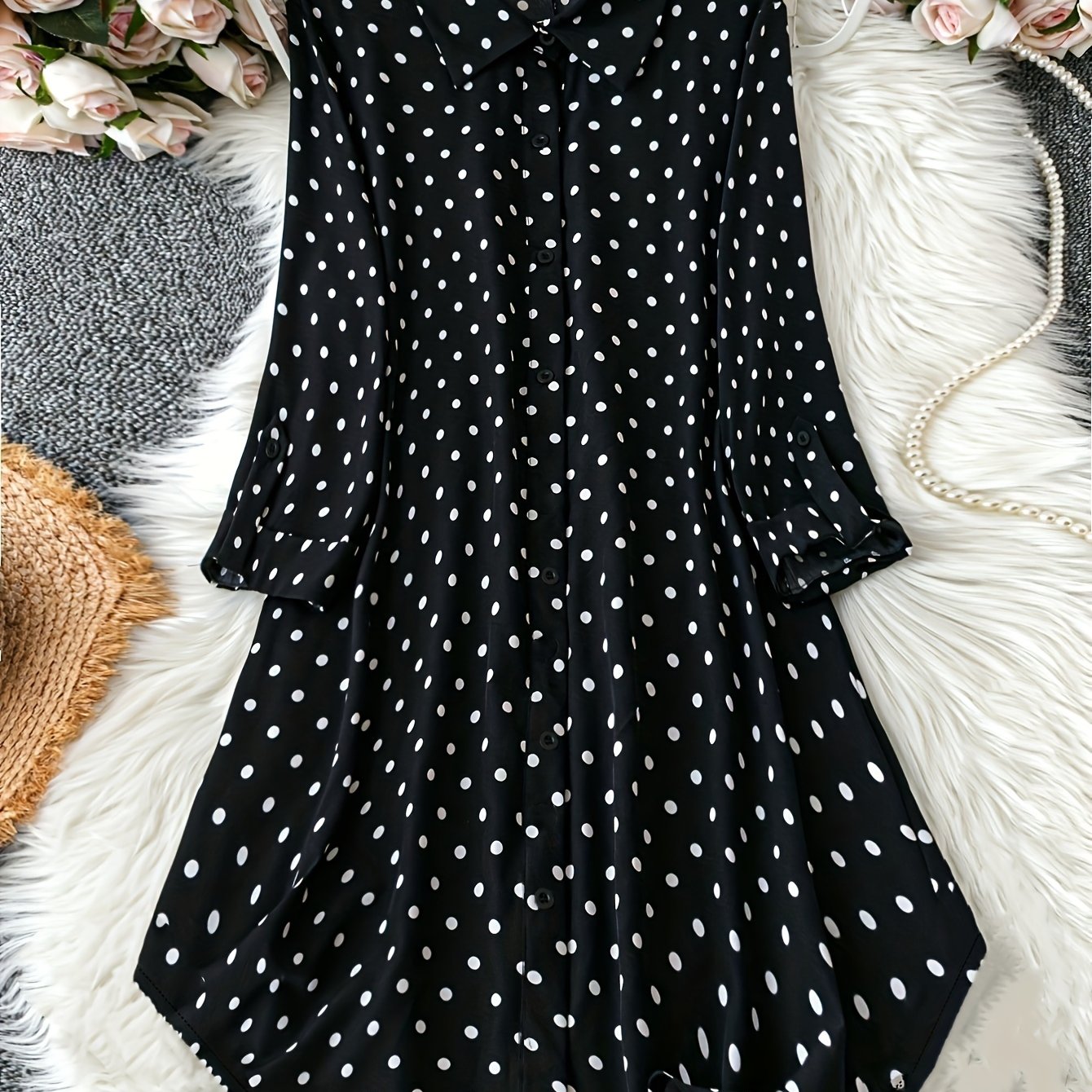 Plus Size Polka Dot Dress with Button Front Long Sleeves for Women