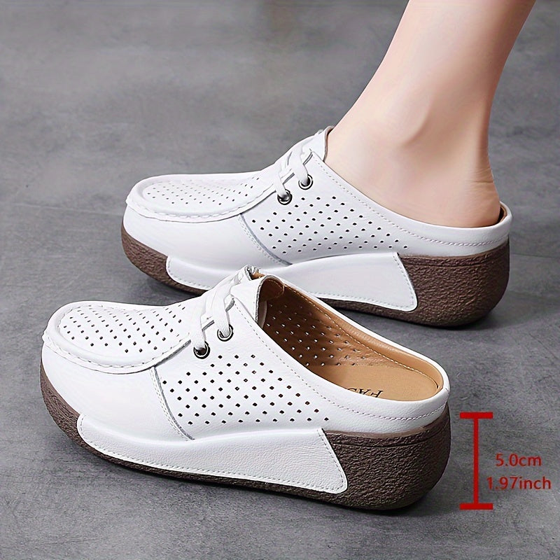 Women's White Slip-On Mule Shoes Hollow-Out Wedge Sneakers Casual Summer
