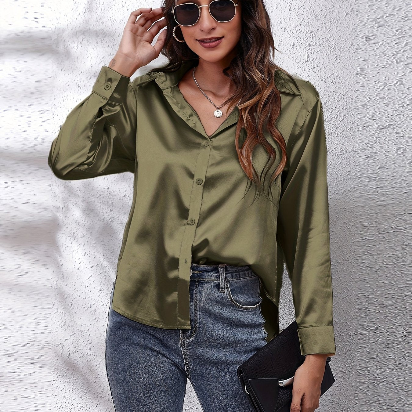 Women's Satin Shirt Long Sleeve Solid Color Lapel Collar Regular Length Single Breasted Elegant Polyester