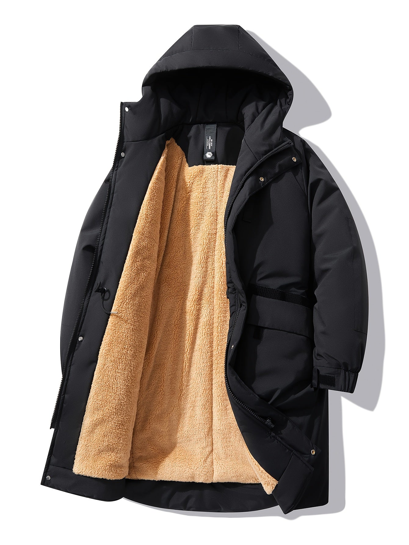 Men's Hooded Jacket with Fleece Lining Black and Orange Plus Size Polyester Casual Winter