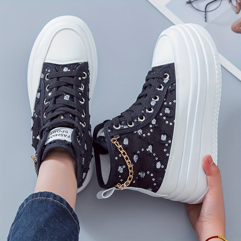 Women's High-Top Sneakers - Black White Blue with Gold Chain Casual Shoes
