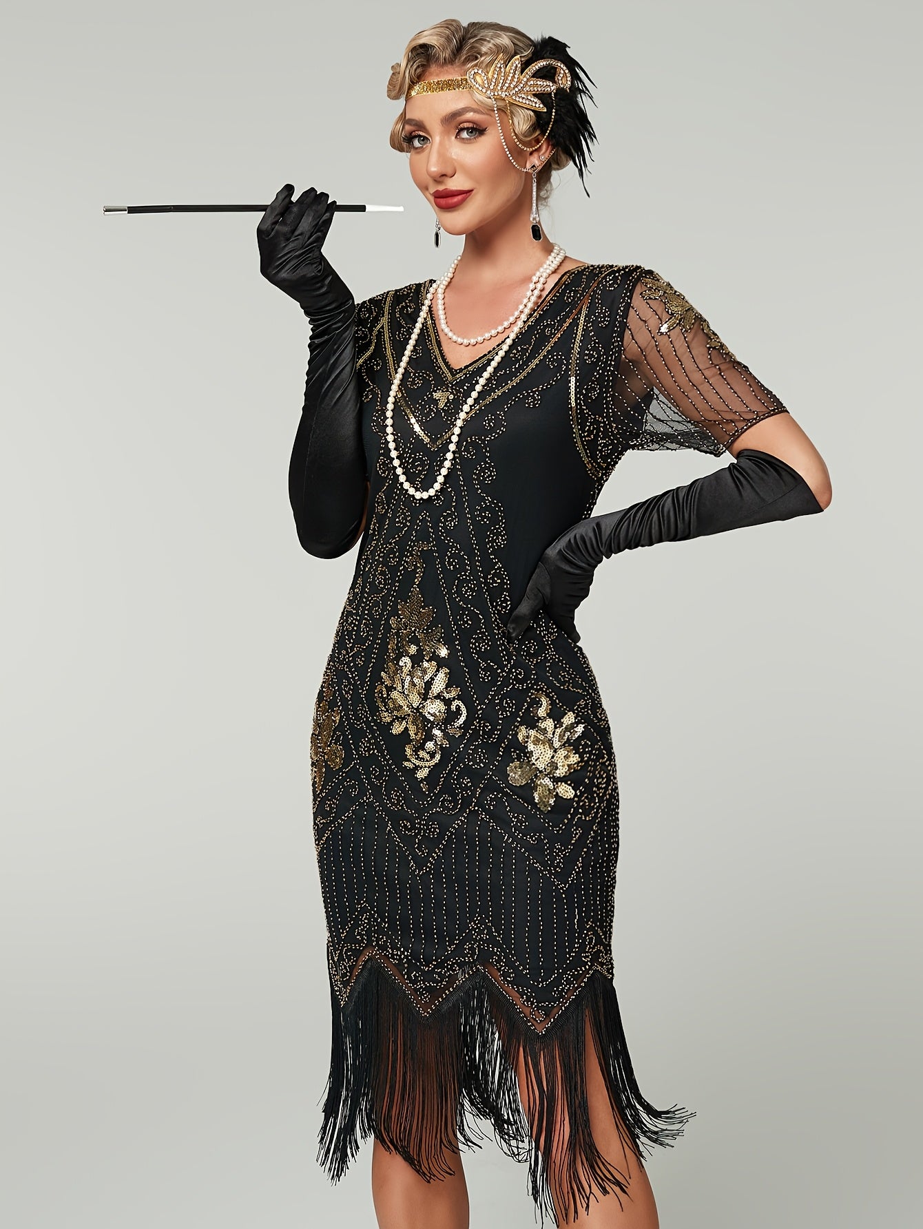 Women's Sequin Flapper Dress Gatsby Style Short Sleeve Party Gown