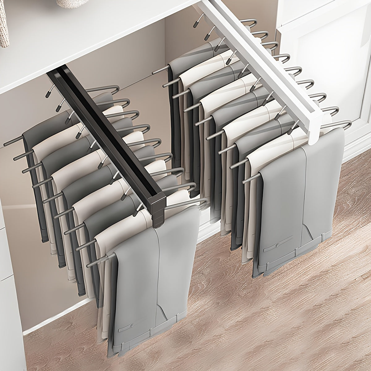 Adjustable Pull-Out Clothing Storage Rack with Metal Rod for Wardrobe Organization