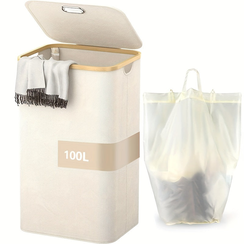 100L Tall Laundry Basket with Lid Bamboo Handles Waterproof Collapsible Storage Bin Cream White