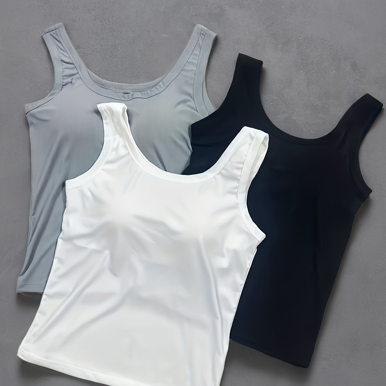 Women's Ribbed Sports Tank Tops 3 Pack with Built-In Bras Gray White Black