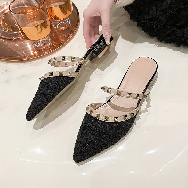 Women's Summer Striped Pointed Toe Sandals with Thick Heel and Slip-On Design