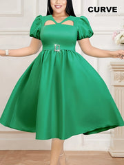 Women's A-Line Midi Party Dress V-Neck Puff Sleeves Belt Solid Color