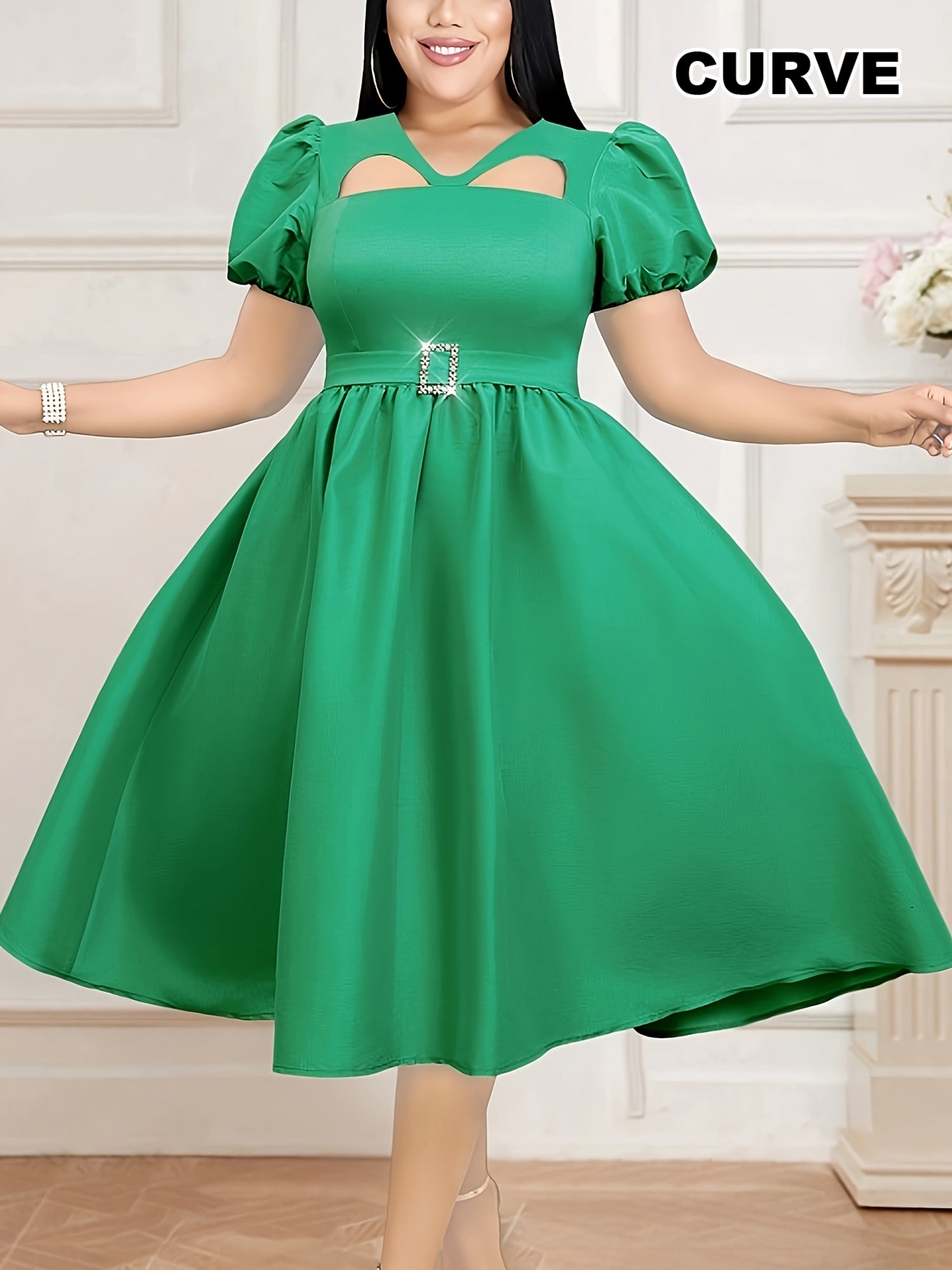 Women's A-Line Midi Party Dress V-Neck Puff Sleeves Belt Solid Color