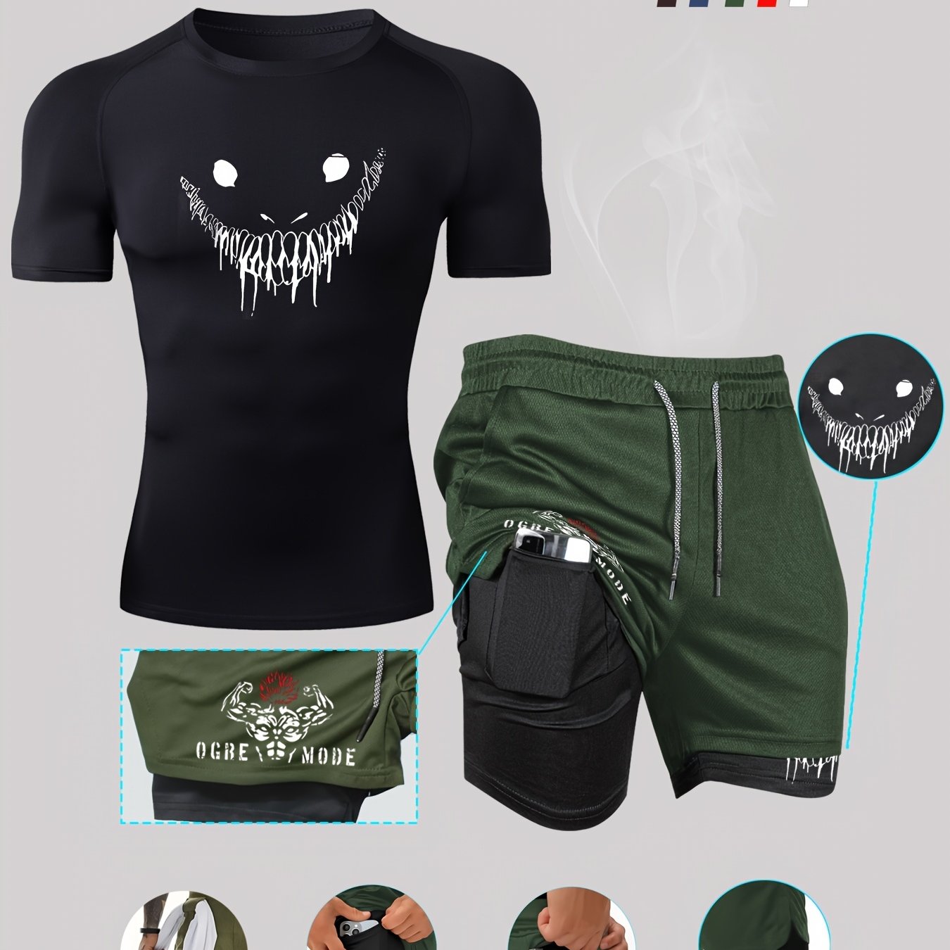 Men's Sportswear Set Quick-Dry Compression T-Shirt and Breathable Knit Running Shorts