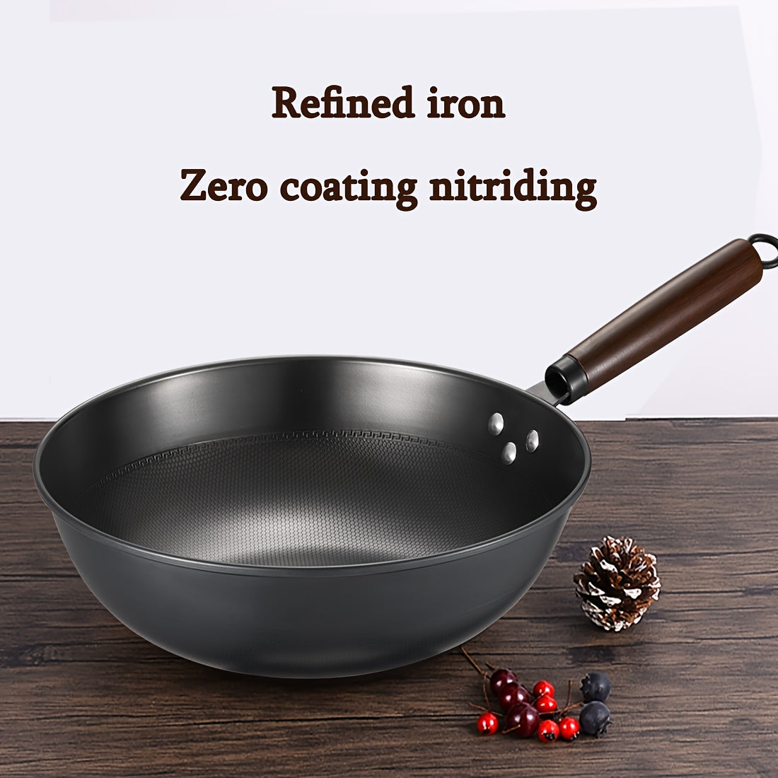 Cast Iron Wok with Wooden Handle for Stir Fry Deep Frying Uncoated Non-Stick
