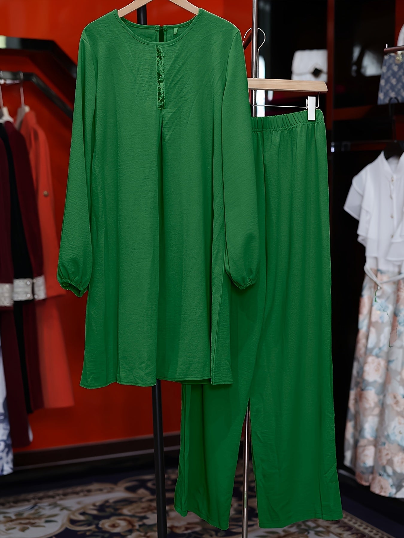 Muslim Women's Ramadan Solid Long Sleeve Crew Neck Two-Piece Set with Sequin Details