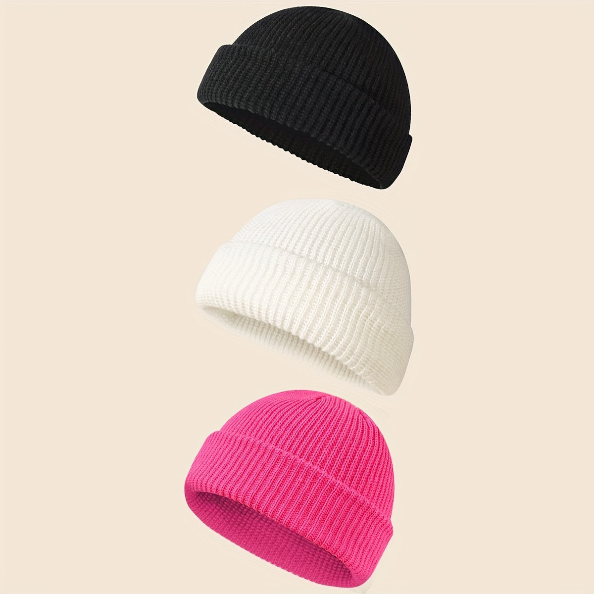 Conjunto de 3 gorros de punto con ribete de acrílico en negro, blanco y gris, unisex