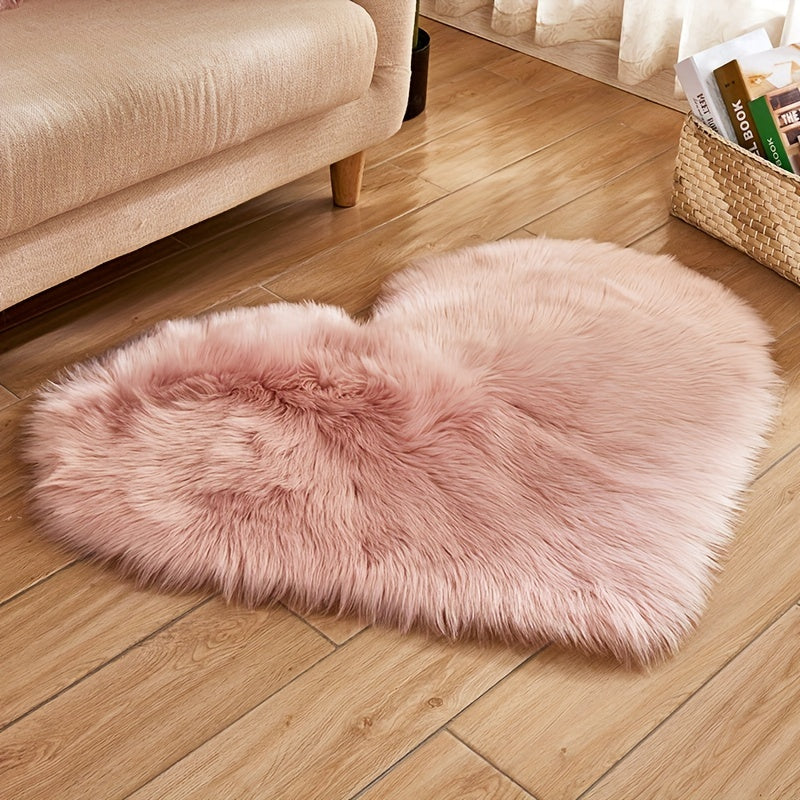 Pink Heart-Shaped Faux Sheepskin Area Rug Plush Washable Stain-Resistant
