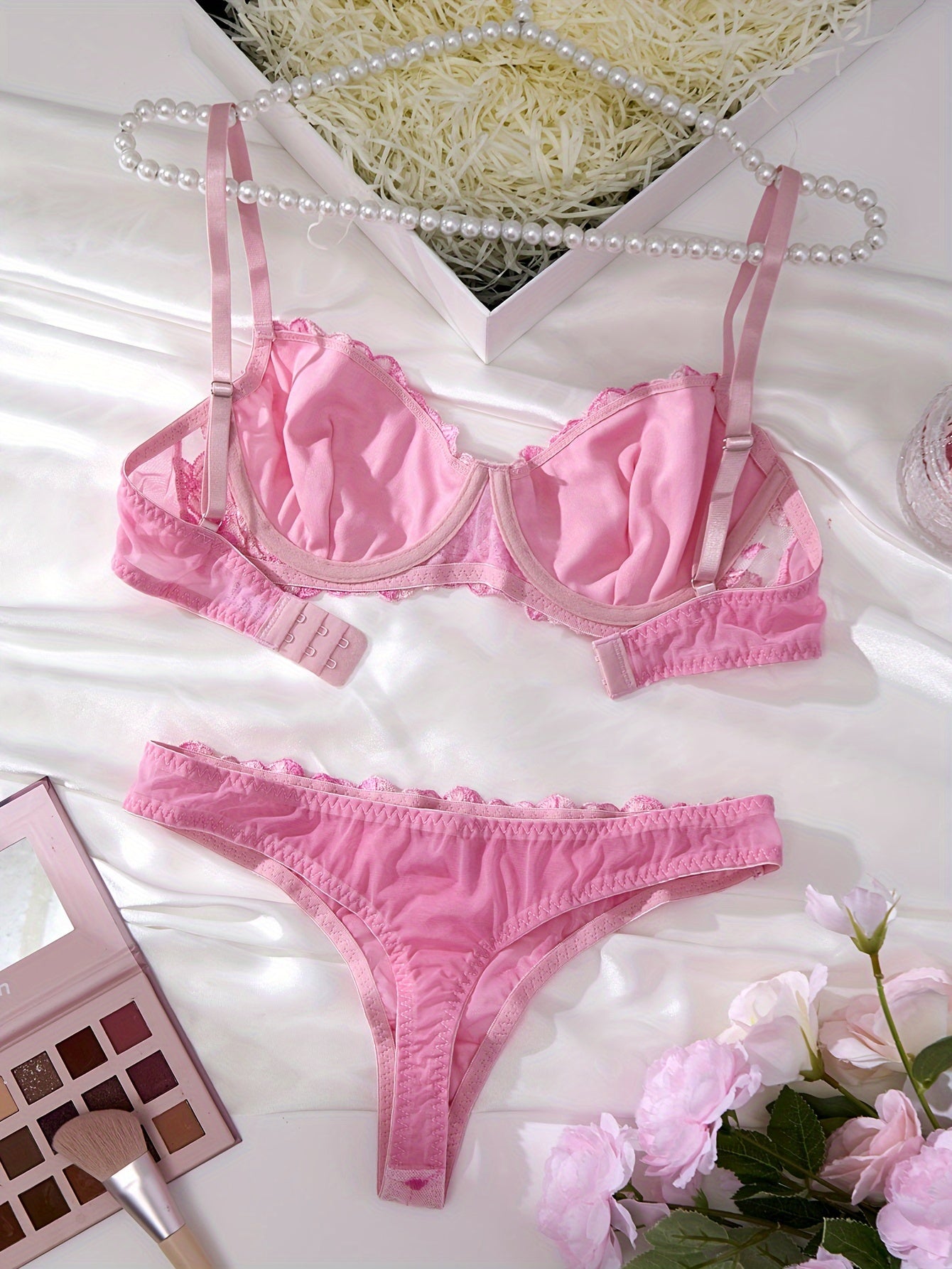 Pink Floral Embroidered Lingerie Set with Mesh Panties and Gathered Bra