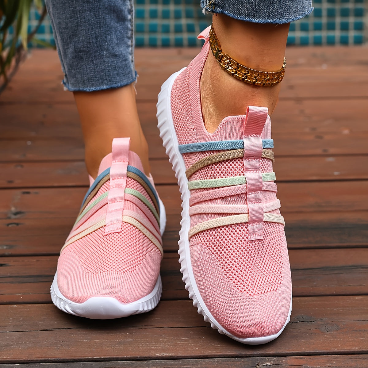 Women's Slip-On Casual Sneakers Breathable Fabric Pastel Stripes