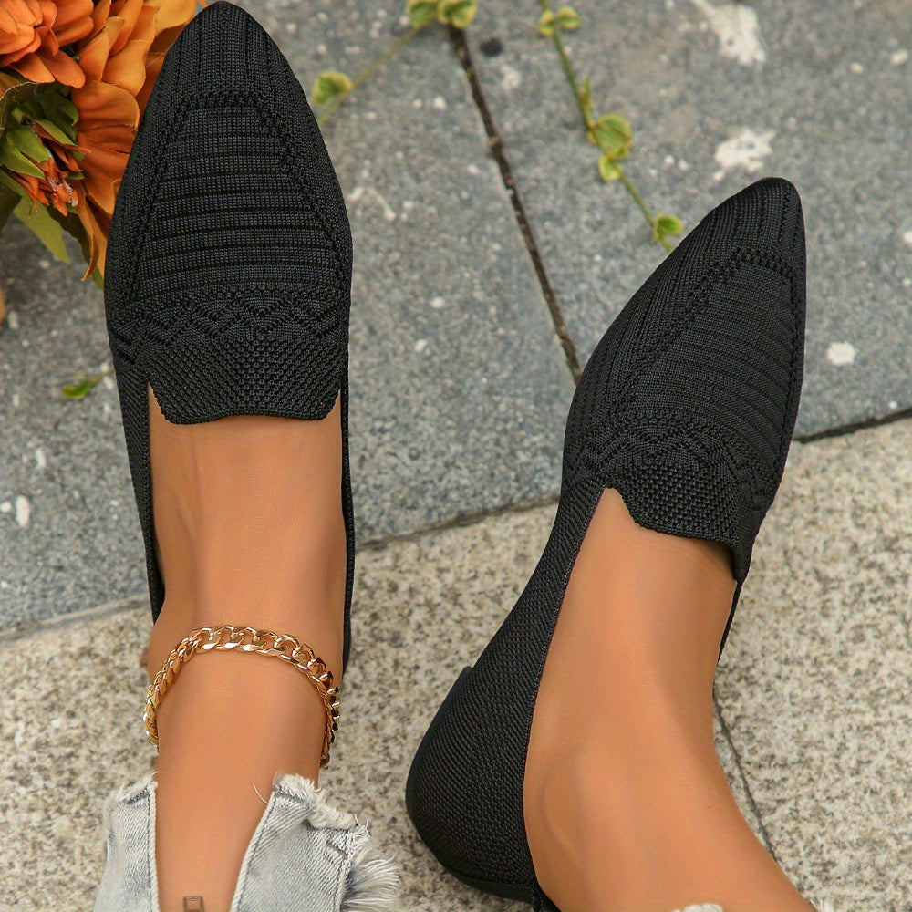 Women's Black Slip-On Flats Breathable Fabric Pointed Toe Casual Shoes