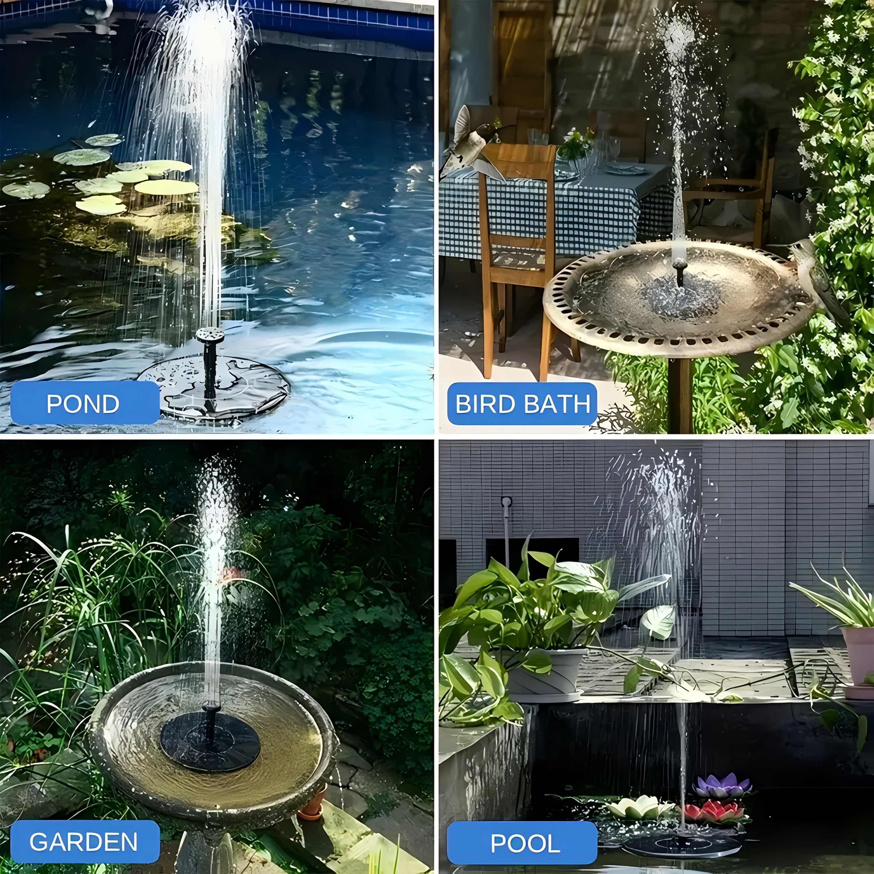 Quyosh energiyasi bilan ishlaydigan suv fontani bog'lar, hovuzlar, basseynlar va ochiq joylar uchun 6 ta nozzle bilan.