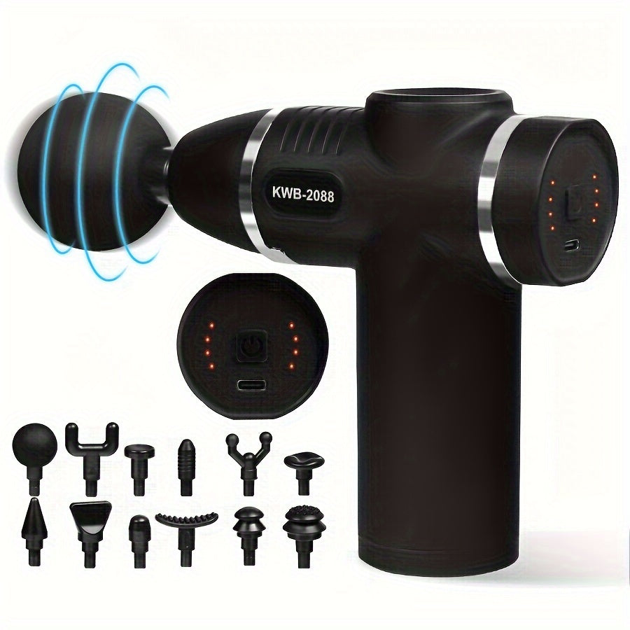 Handheld Percussion Massage Gun with 12 Replacement Heads USB Rechargeable for Athletes and Fitness