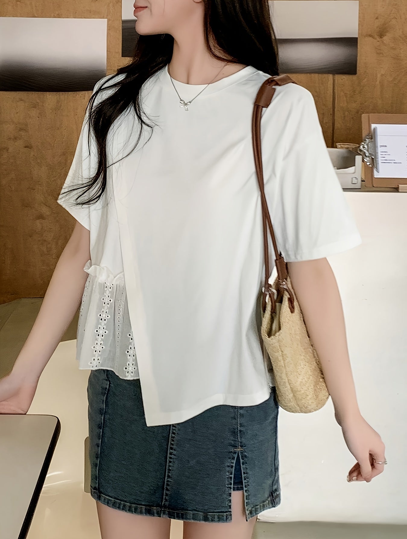 Women's Y2K Asymmetrical Hem 2-in-1 T-Shirt Solid Color Short Sleeve