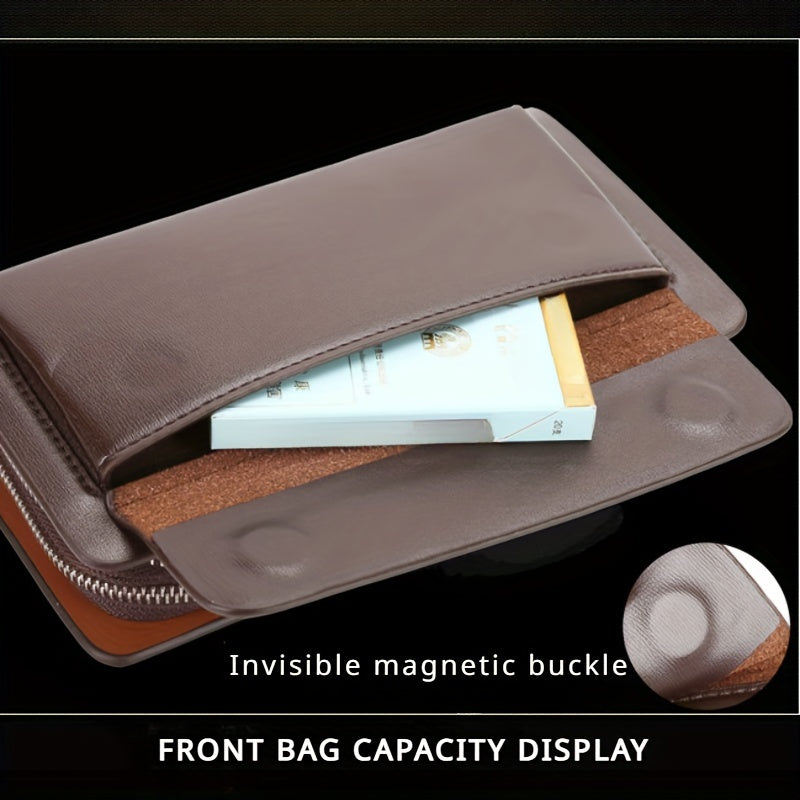 Men's Business Clutch Bag PU Solid Dark Brown Large Capacity Double Zipper