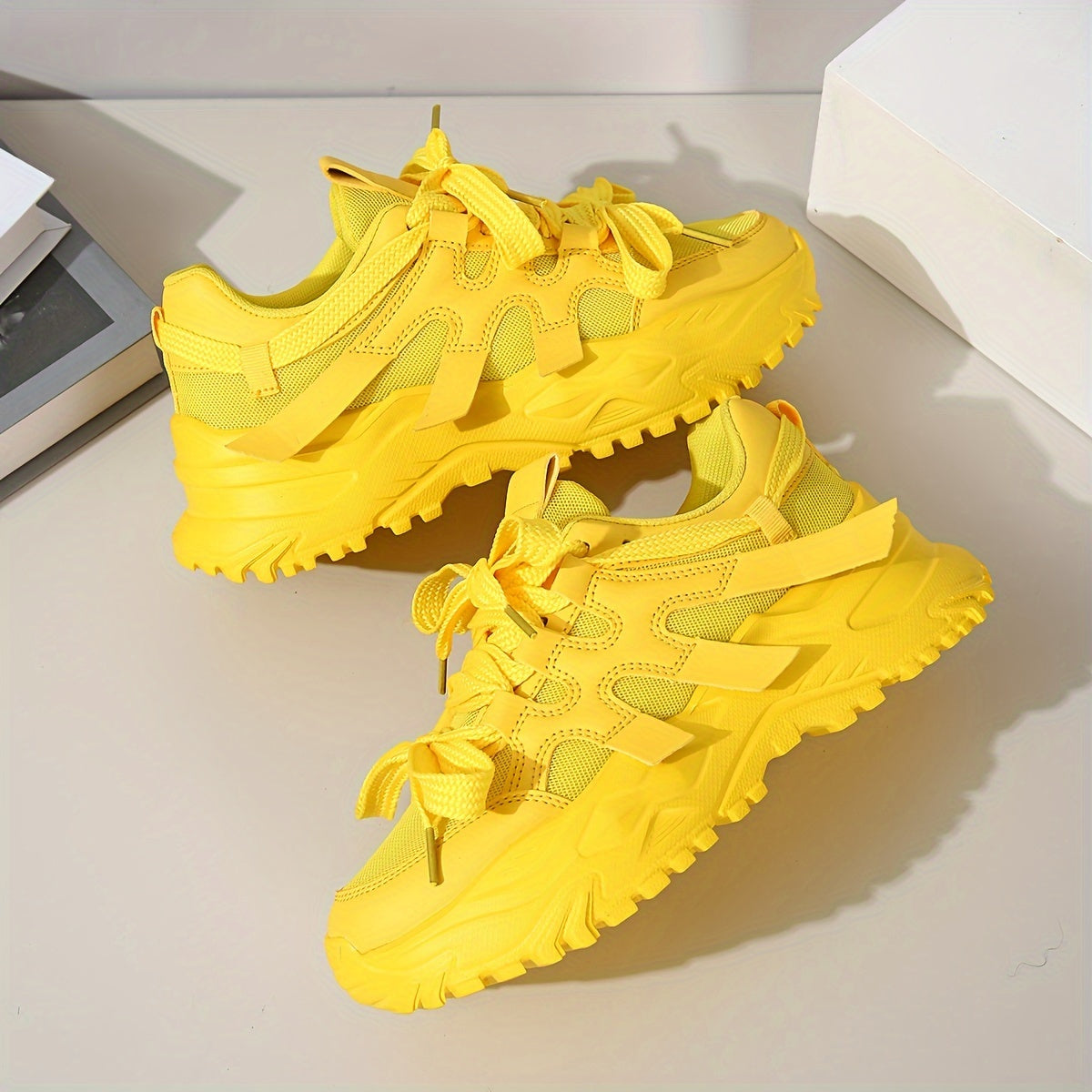 Ladies Casual Chunky Sneakers Bright Yellow Wide Lace-Up Athletic Shoes