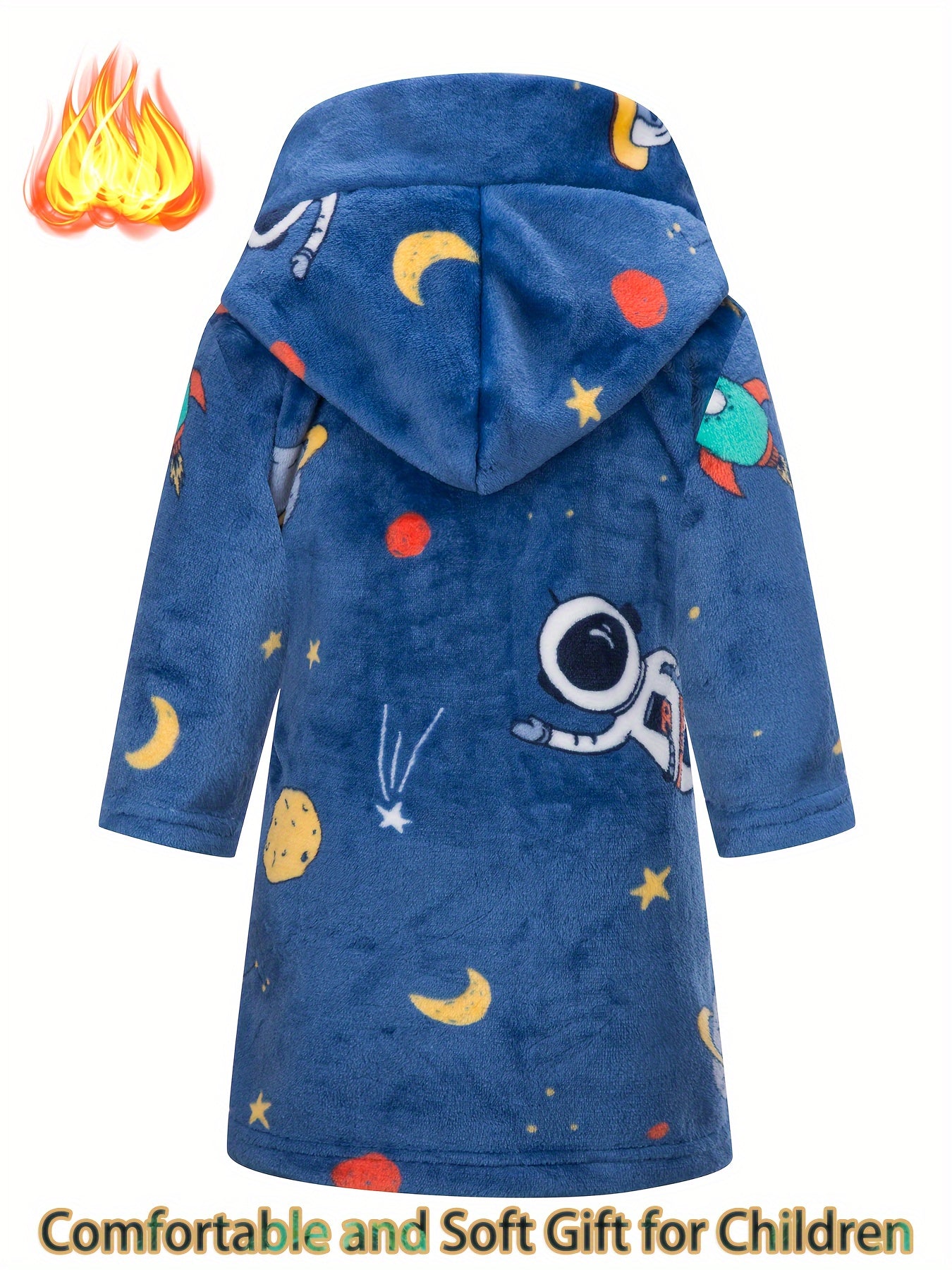 Children's Space-Themed Flannel Bathrobe with Hood Pockets for Kids 2-11