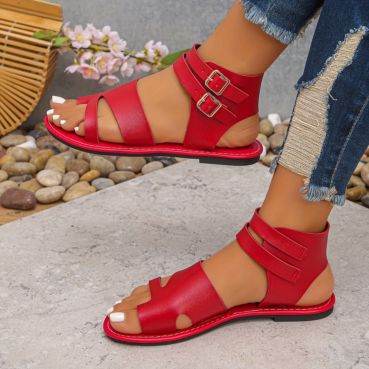 Women's Black Flat Sandals Open Toe Buckle Straps Faux Cover Rubber Sole